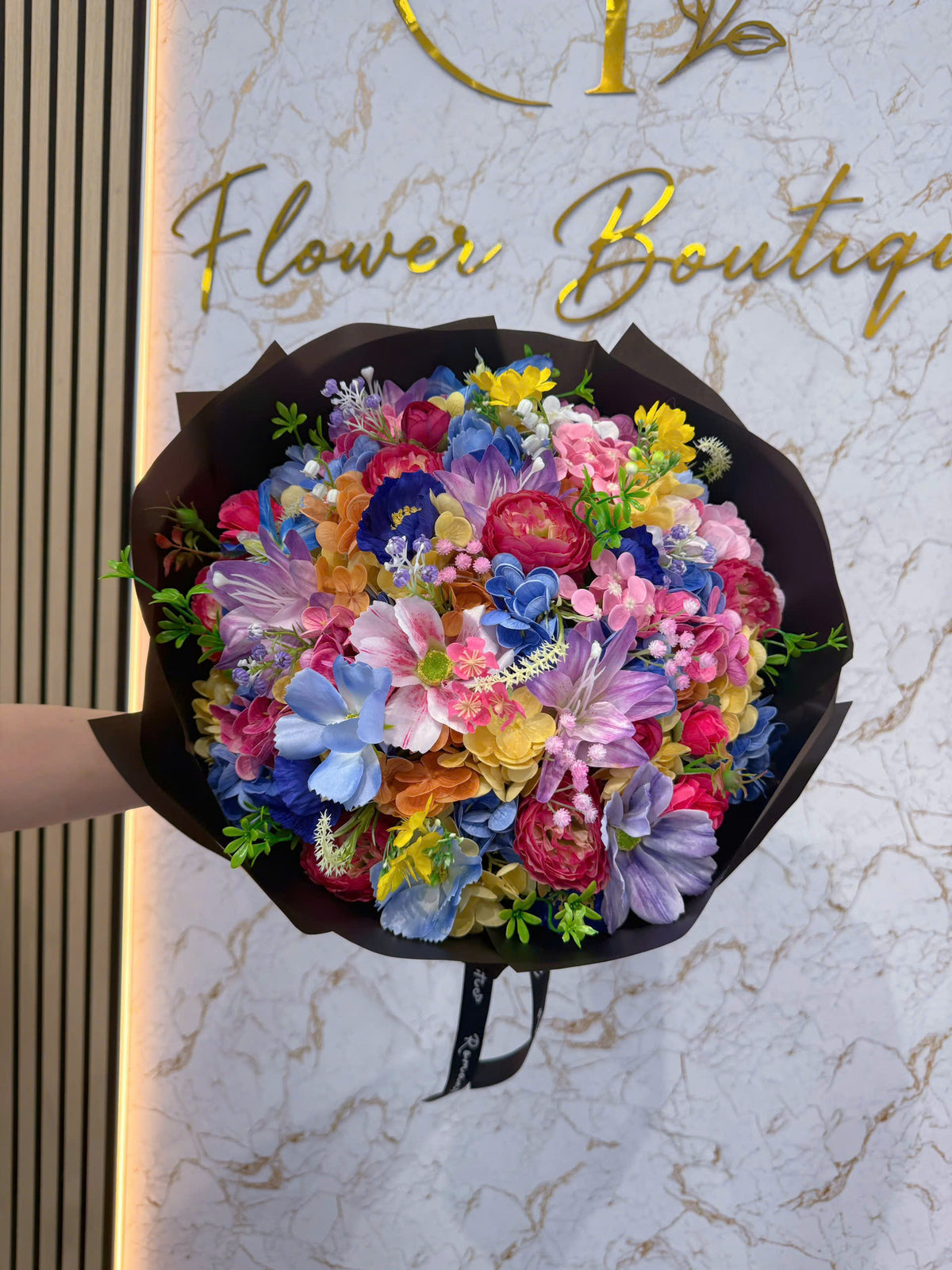 Soap & Slik Flower - Mixed flower bouquet with black wrapping paper