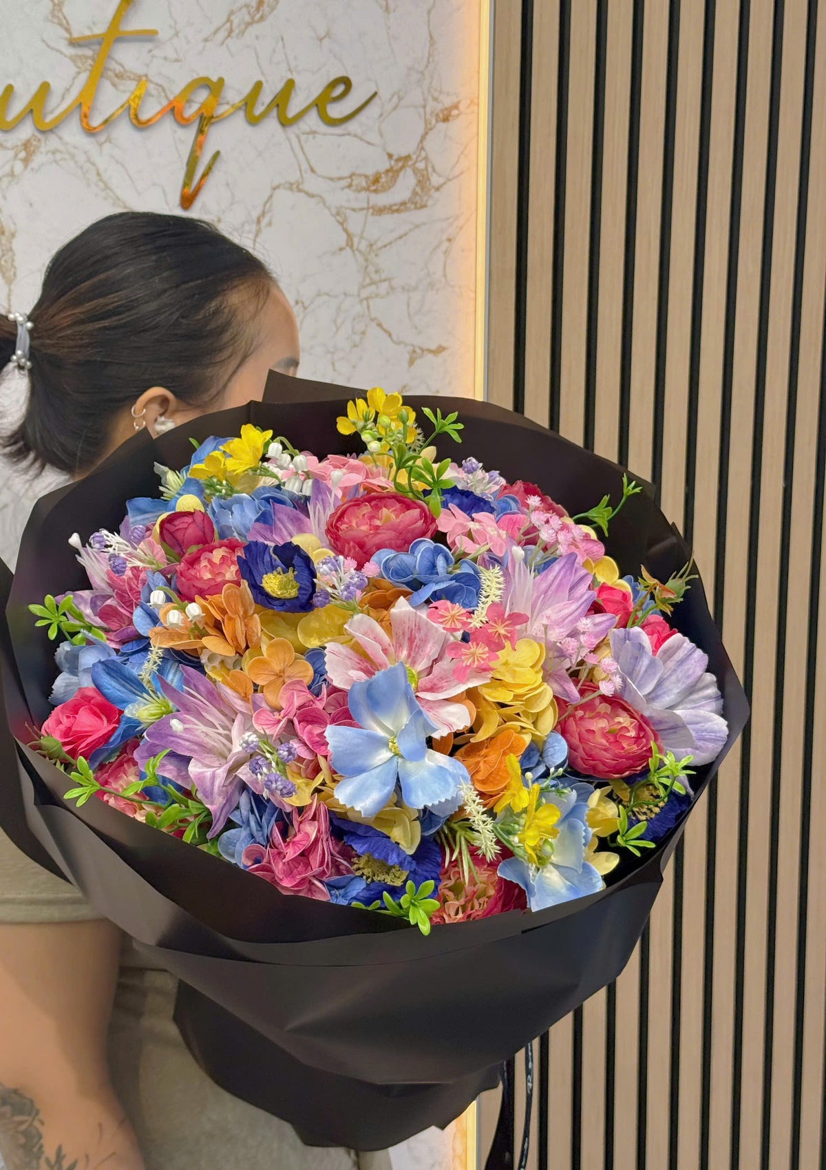Soap & Slik Flower - Mixed flower bouquet with black wrapping paper